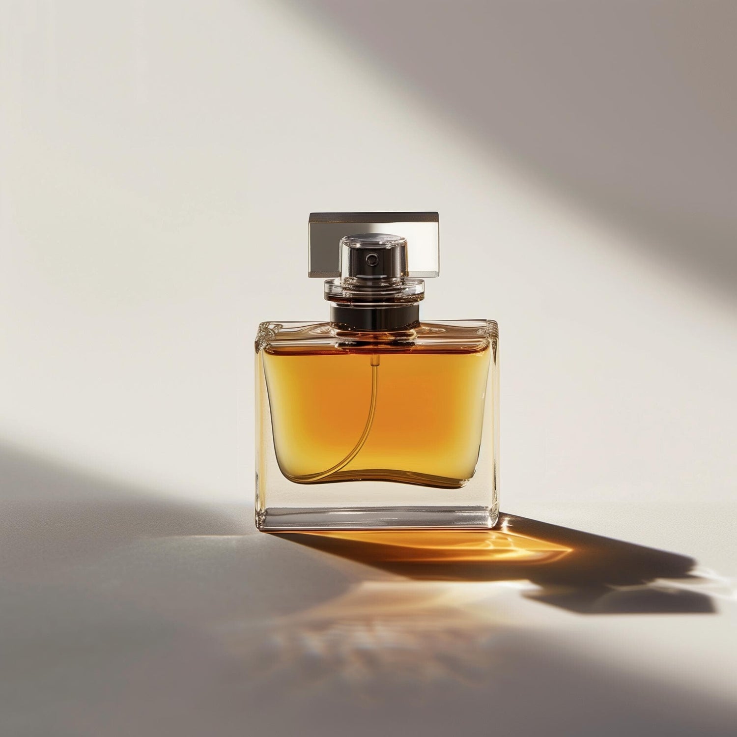 Amber perfume bottle casting a warm shadow in low sunlight