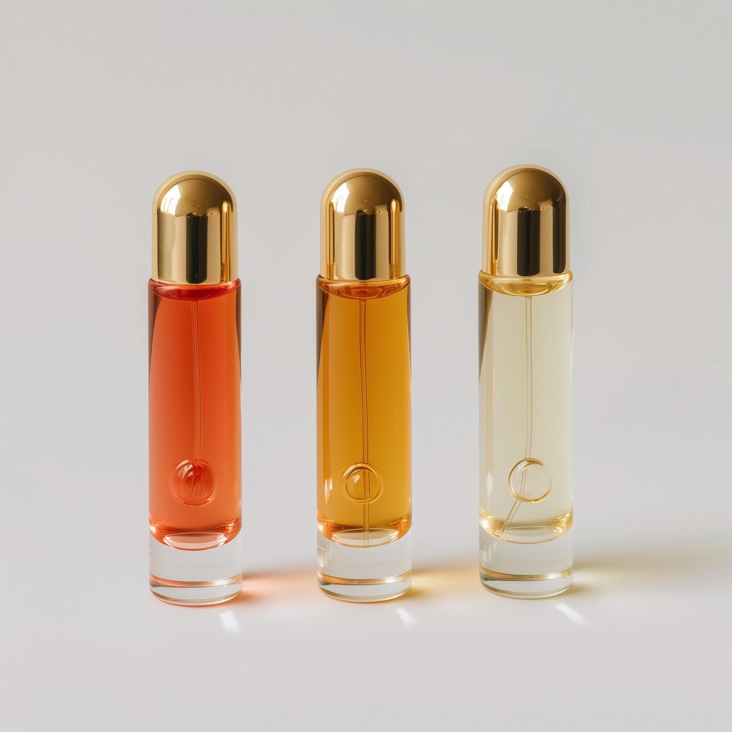 Three slim perfume bottles with gold caps in rose, amber and pale gold