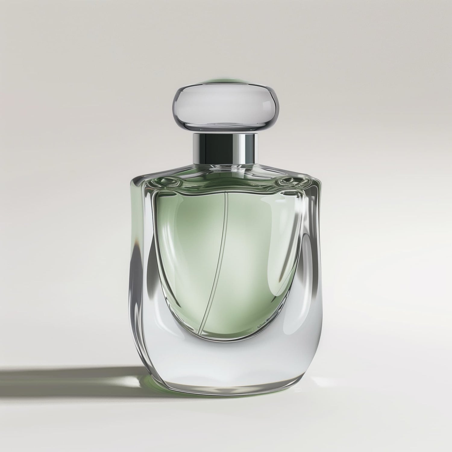 Pale green glass perfume bottle on a soft neutral background